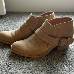 Qupid Buckle Strap Tan Ankle Booties